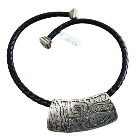 NEW Vintage Chico's Black Leather Metal Silver Choker Tribal Design Necklace - Picture 1 of 10